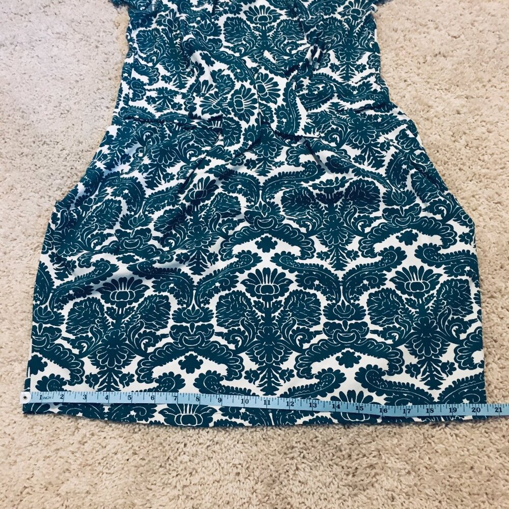 Teal Folksy Damask Print Short Sleeve Dress A-Line Kneelength - Picture 15 of 16